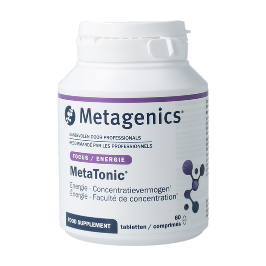 Bottle of Metagenics Metatonic amino acid tablets with 60 pills, showing the supplement packaging and label.