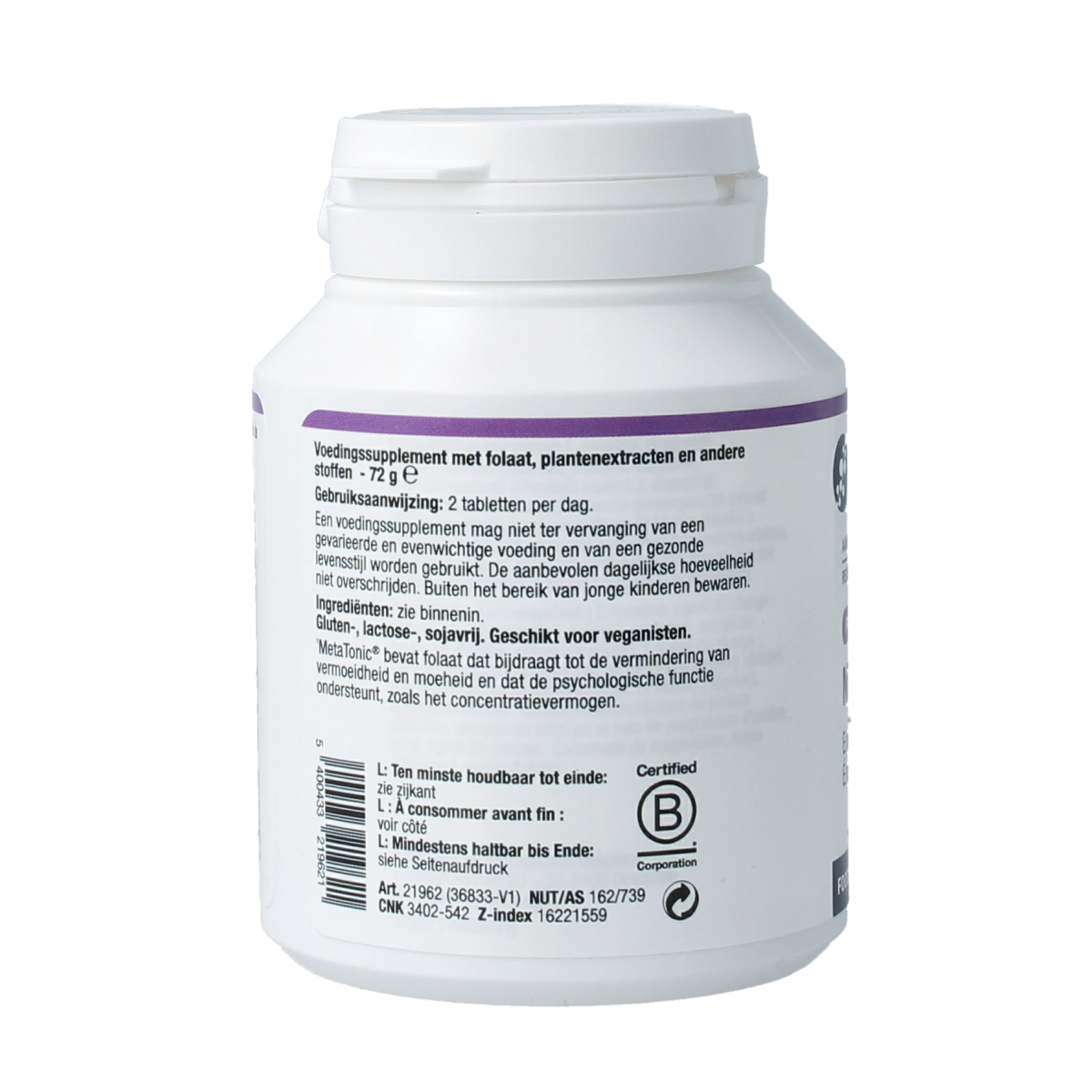Metagenics Metatonic amino acids supplement in a bottle of 60 tablets, showing the product packaging and tablets inside.