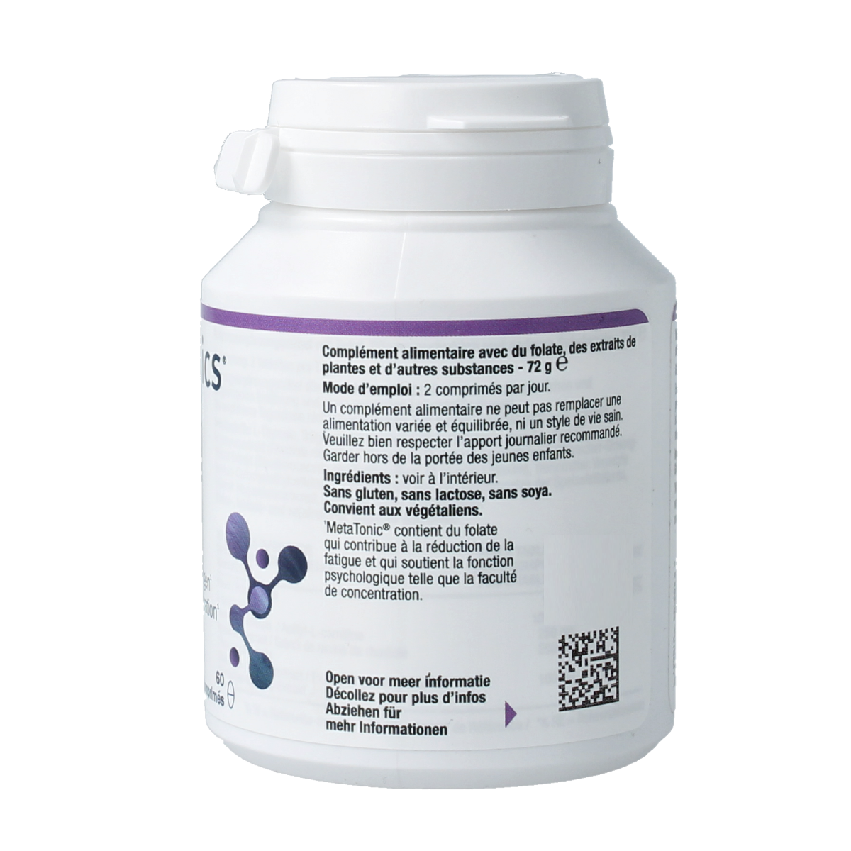Bottle of Metagenics Metatonic amino acid tablets, showing the supplement packaging and label details.