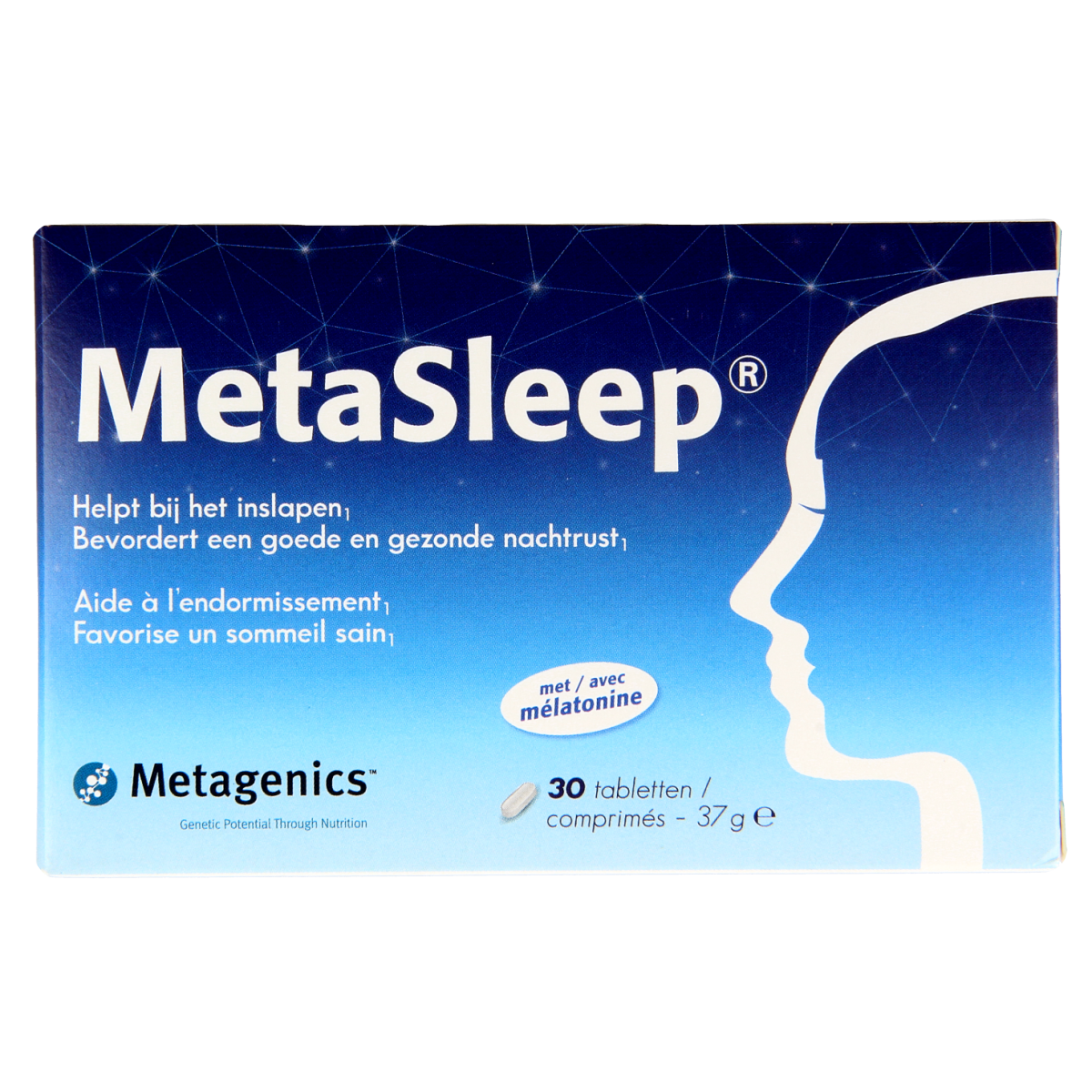 Metagenics Metasleep mineral multivitamin tablets, 30-count, with colorful tablets visible in a bottle.
