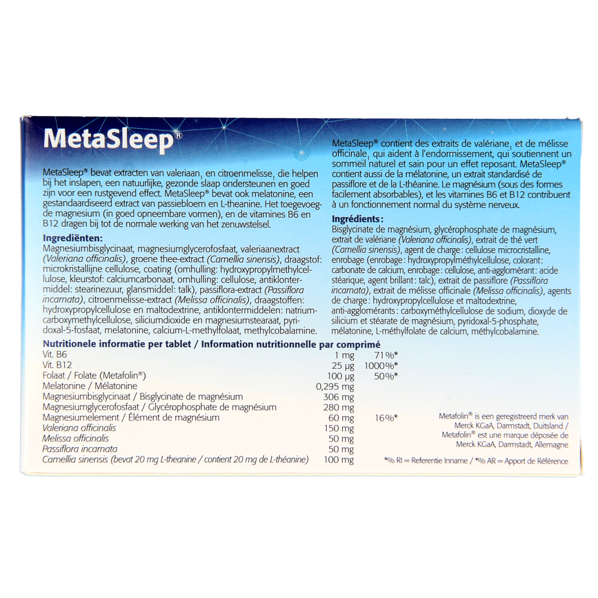 Metagenics Metasleep mineral multivitamin tablets in a blister pack, designed to support restful sleep and overall wellness.
