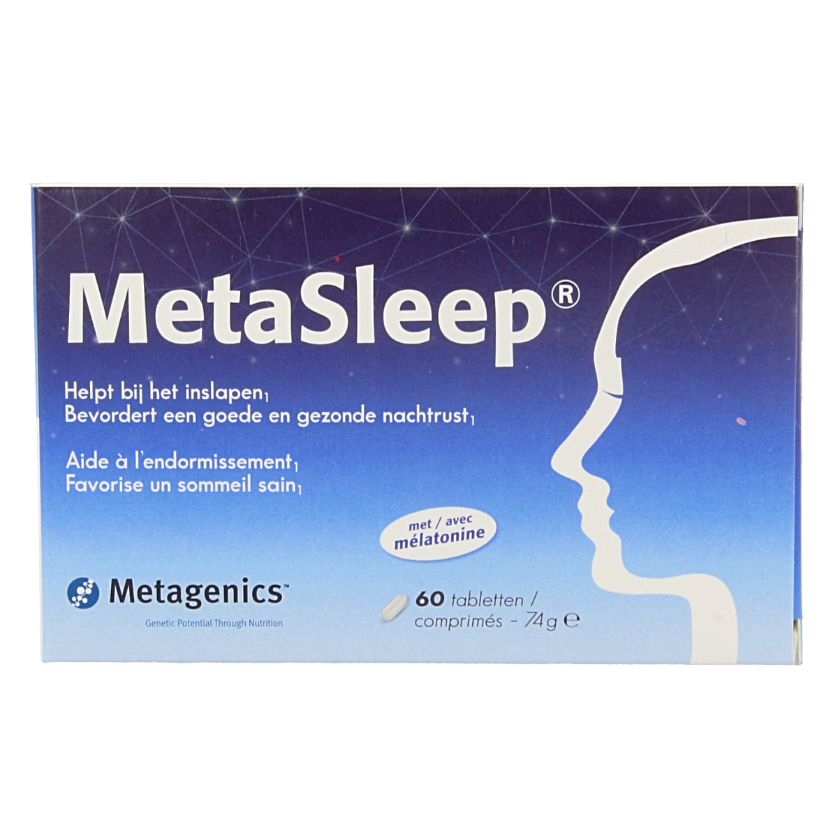 Metagenics Metasleep mineral supplement tablets, 60-count, showing the blister pack with round, white tablets for sleep support