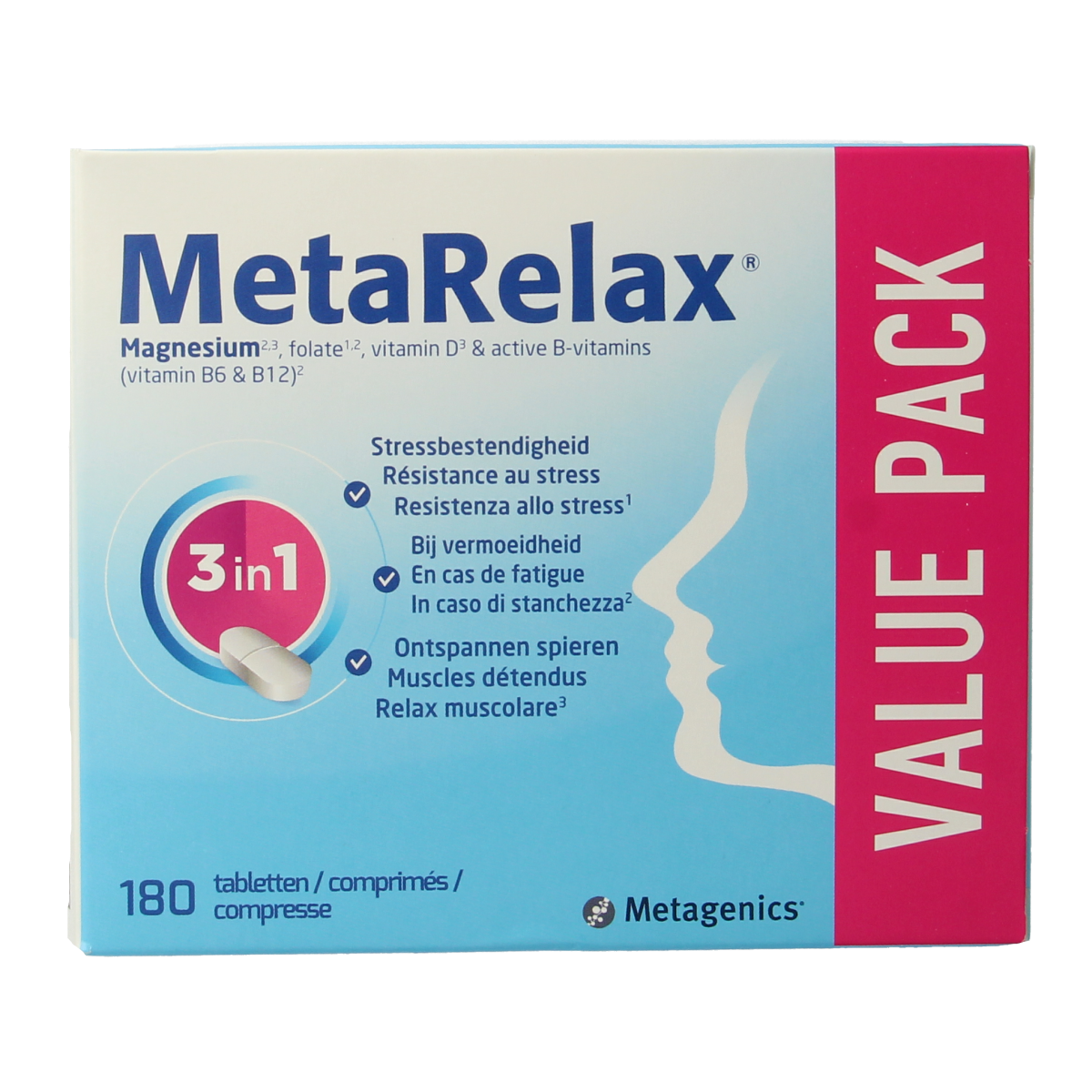 Bottle of Metagenics Metarelax mineral multivitamin tablets, showing the supplement packaging and label.