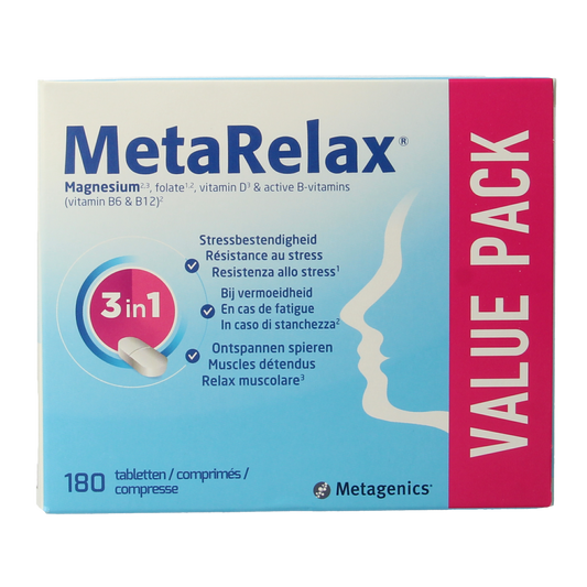 Bottle of Metagenics Metarelax mineral multivitamin tablets, showing the supplement packaging and label.