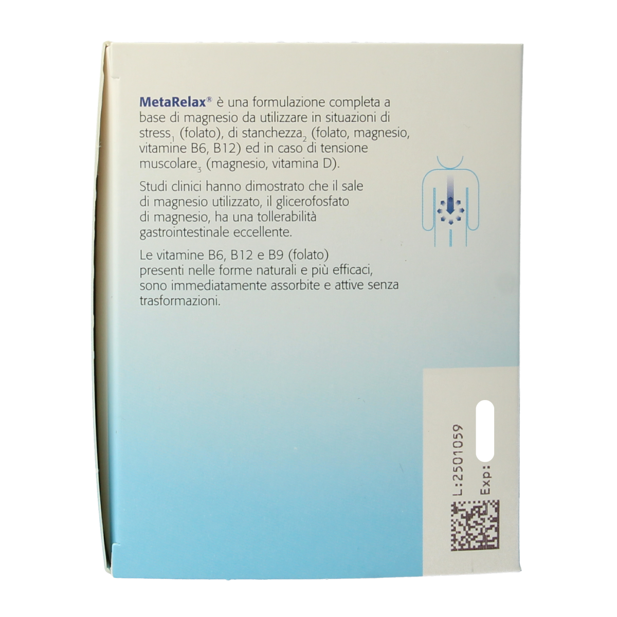 Metagenics Metarelax mineral multivitamin tablets in a bottle, showing the supplement packaging with tablets inside.