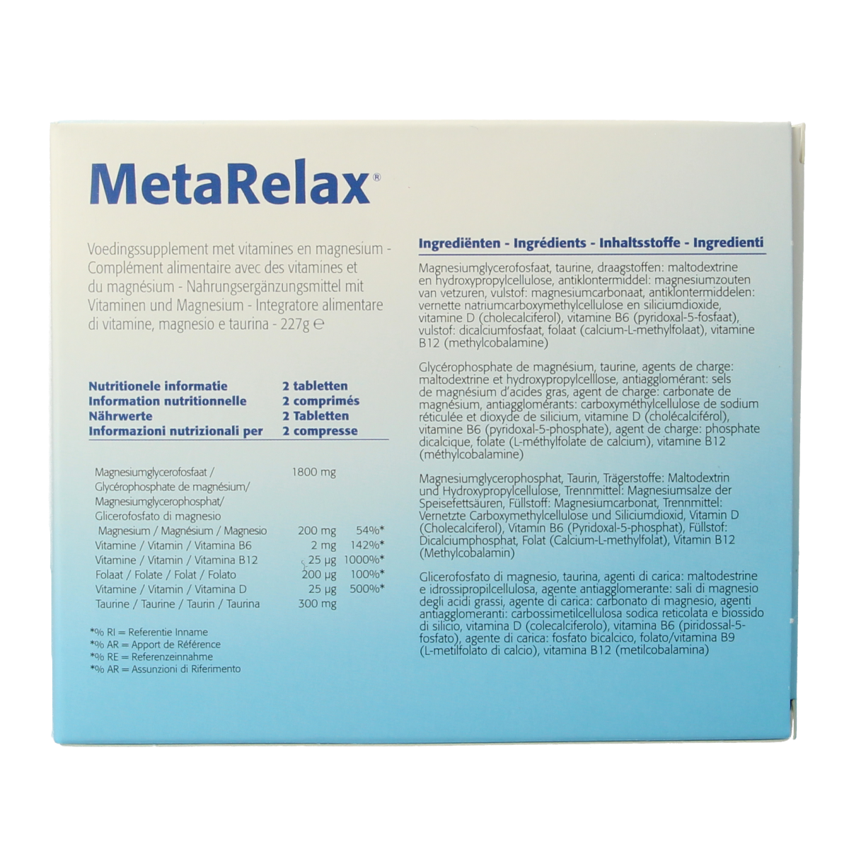 Bottle of Metagenics Metarelax mineral multivitamin tablets, showing the label and tablets inside the container.