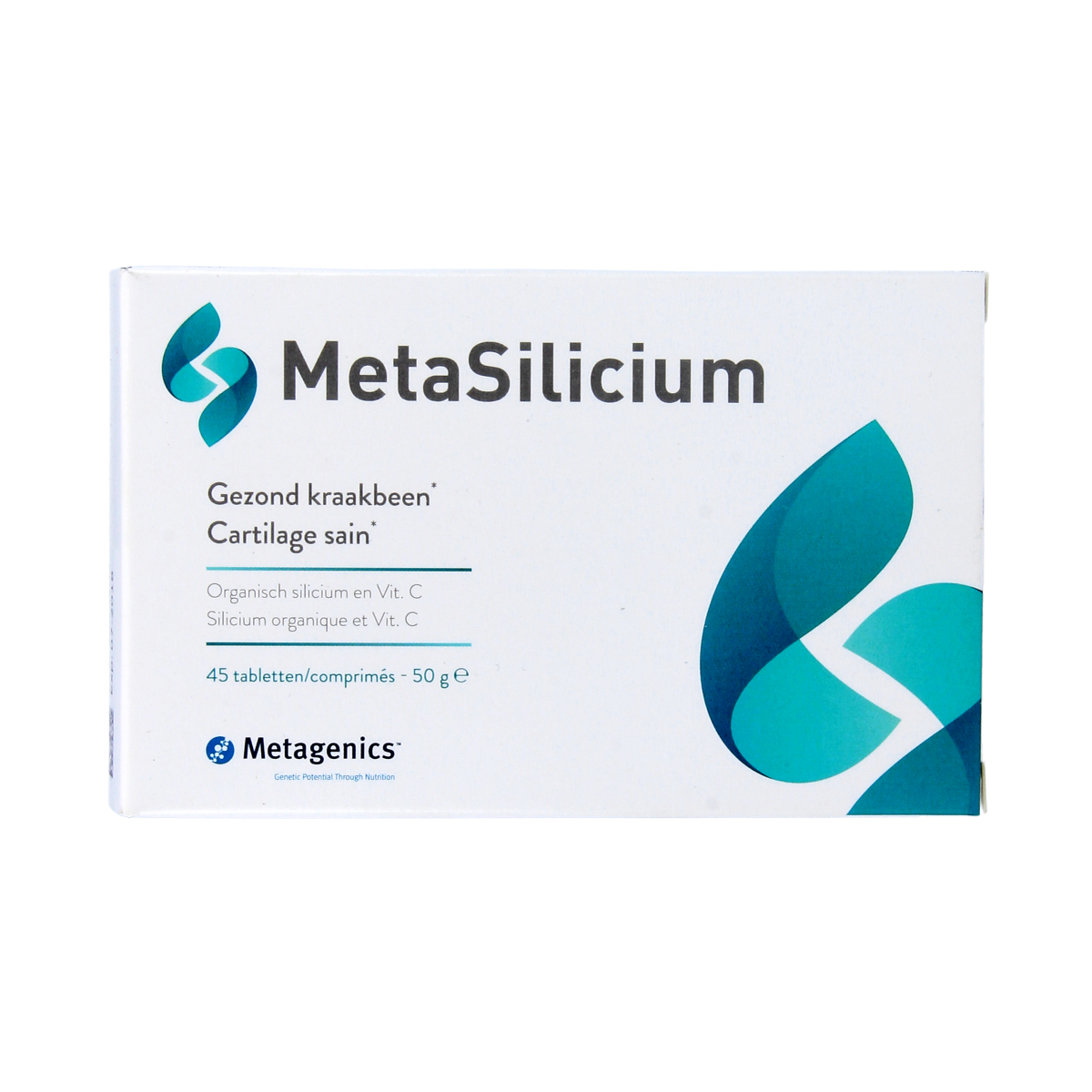 Metagenics Metasilicium mineral supplement tablets, natural mineral complex for supporting bone and connective tissue health.