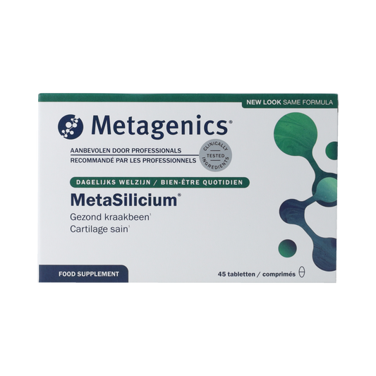 Metagenics Metasilicium mineral supplement tablets, natural mineral complex for supporting bone and connective tissue health.