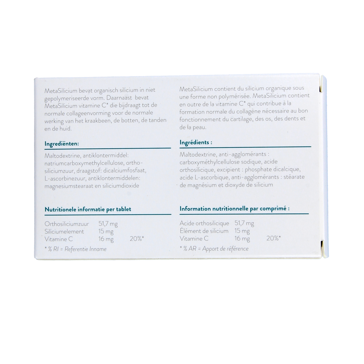 Metagenics Metasilicium mineral supplement in a bottle of 45 tablets, showing the product label and tablets inside the bottle.