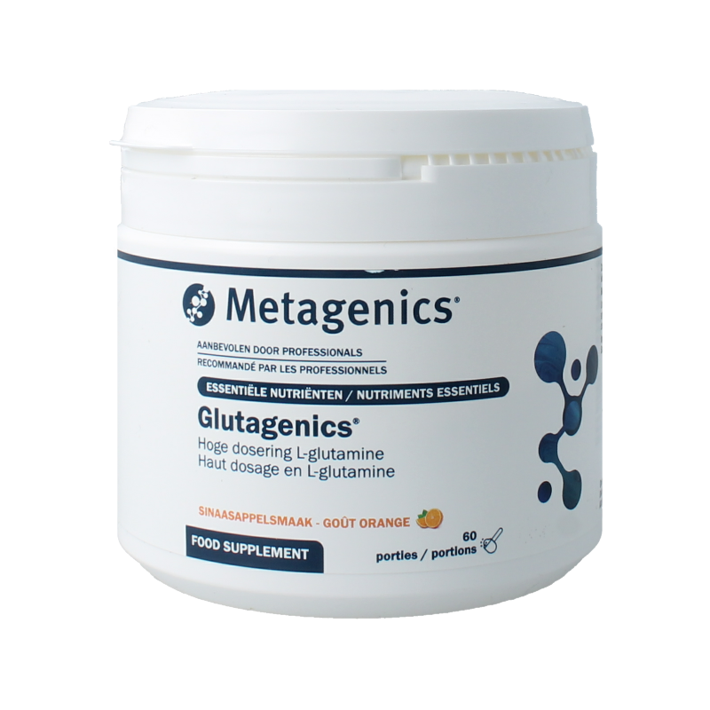 Bottle of Metagenics Glutagenics amino acids supplement with 167 grams, featuring a label with product details.