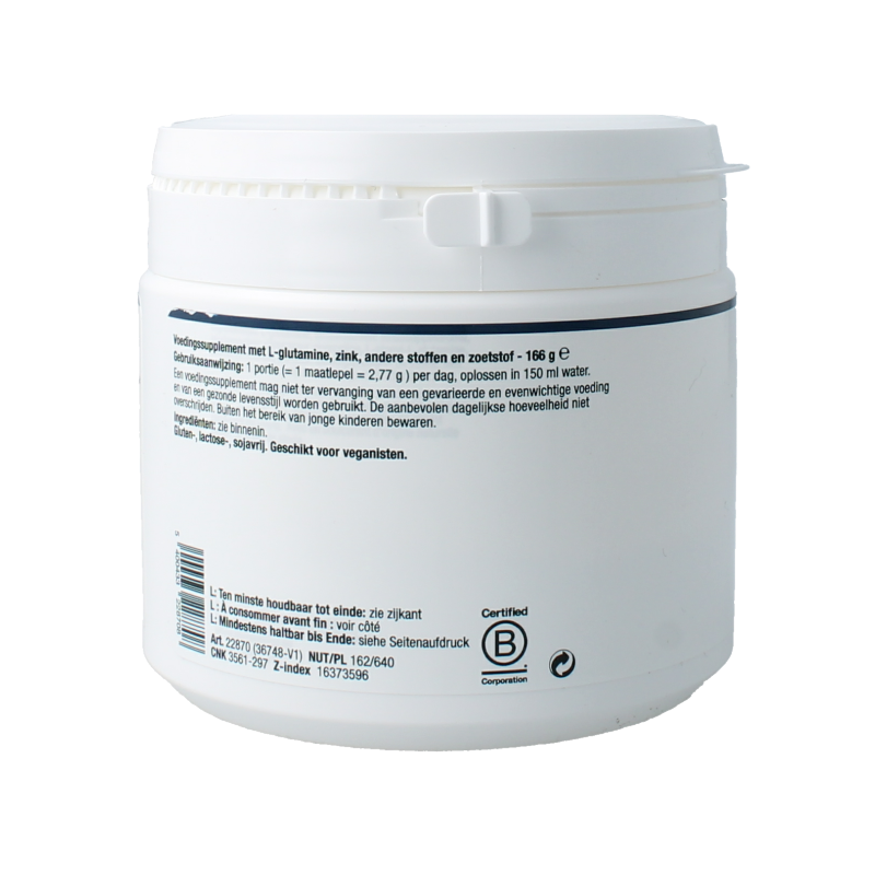 Bottle of Metagenics Glutagenics amino acid supplement with 167 grams net weight, featuring white and green label design.