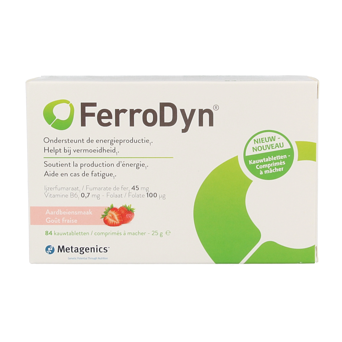 Metagenics Ferrodyn mineral multivitamin chewable tablets, 84 count, for iron and mineral supplementation.