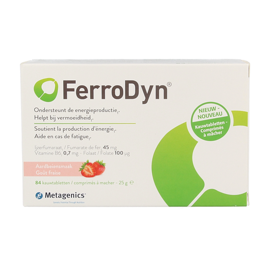 Metagenics Ferrodyn mineral multivitamin chewable tablets, 84 count, for iron and mineral supplementation.