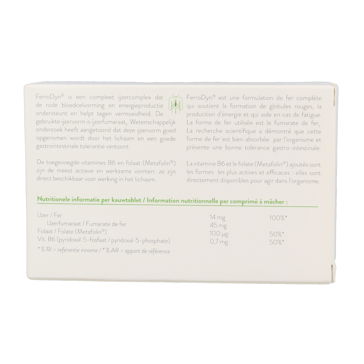 Metagenics Ferrodyn mineral multivitamin chewable tablets in blister pack, suitable for iron and mineral supplementation.