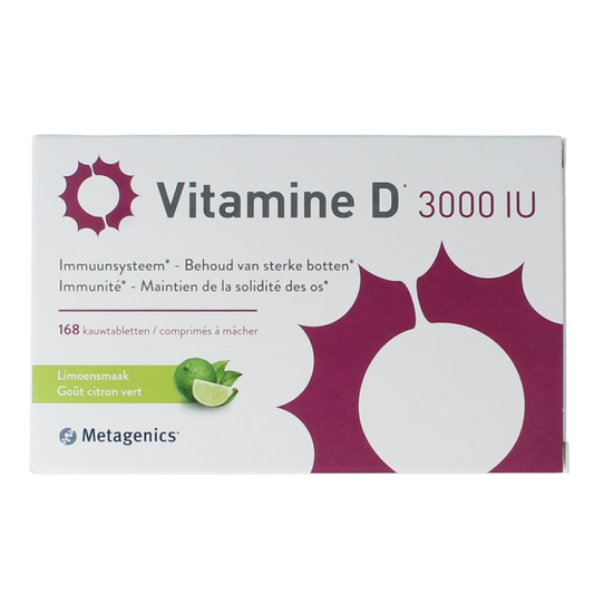 Metagenics Vitamin D 3000IU supplement in a bottle of 168 tablets, showing the product label and tablets inside.