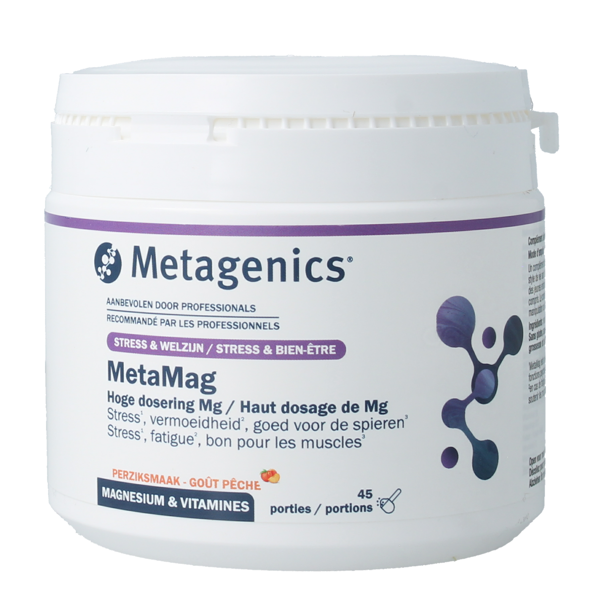 Bottle of Metagenics Metamag Peach mineral multivitamin supplement, 227 grams, showing the product label and packaging.