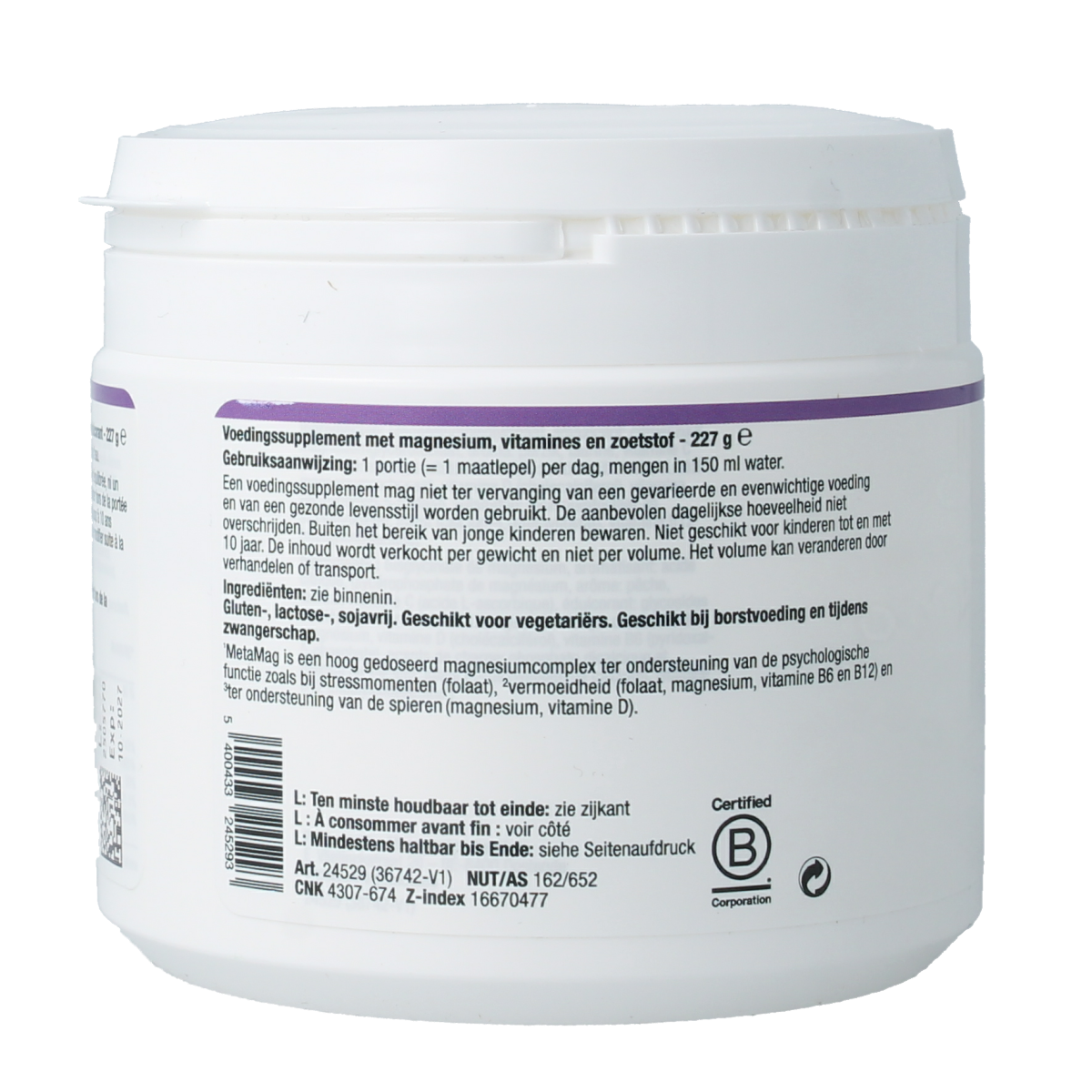 Bottle of Metagenics Metamag Perzik mineral multivitamin supplement, 227 grams, with colorful label and cap.
