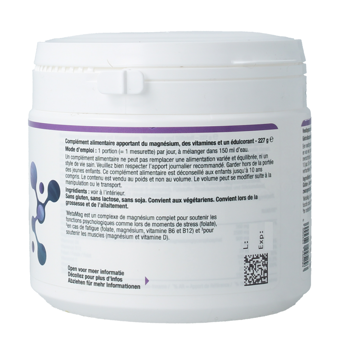 Bottle of Metagenics Metamag perzik mineral multivitamin supplement with peach flavor, 227 grams.