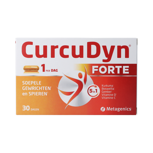 Metagenics Curcudyn Forte herbal supplement capsules in a bottle, natural remedy for inflammation and joint health.