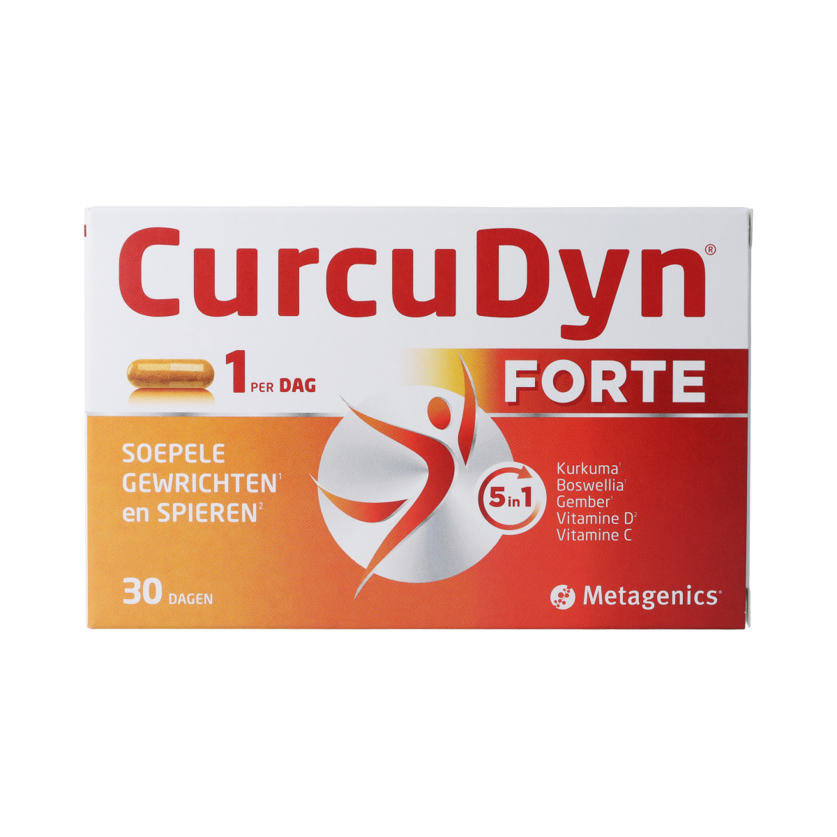Metagenics Curcudyn Forte herbal supplement capsules, 30-count bottle, featuring turmeric and natural herbal ingredients.