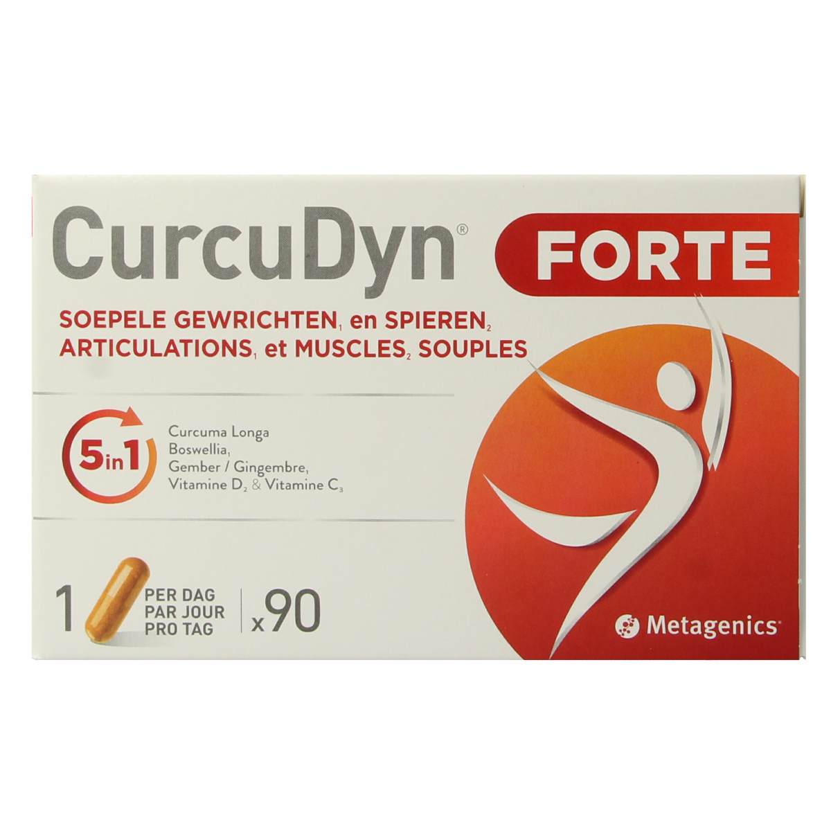 Metagenics Curcudyn Forte capsules in a bottle, herbal supplement for joint and immune support, 90 capsules.