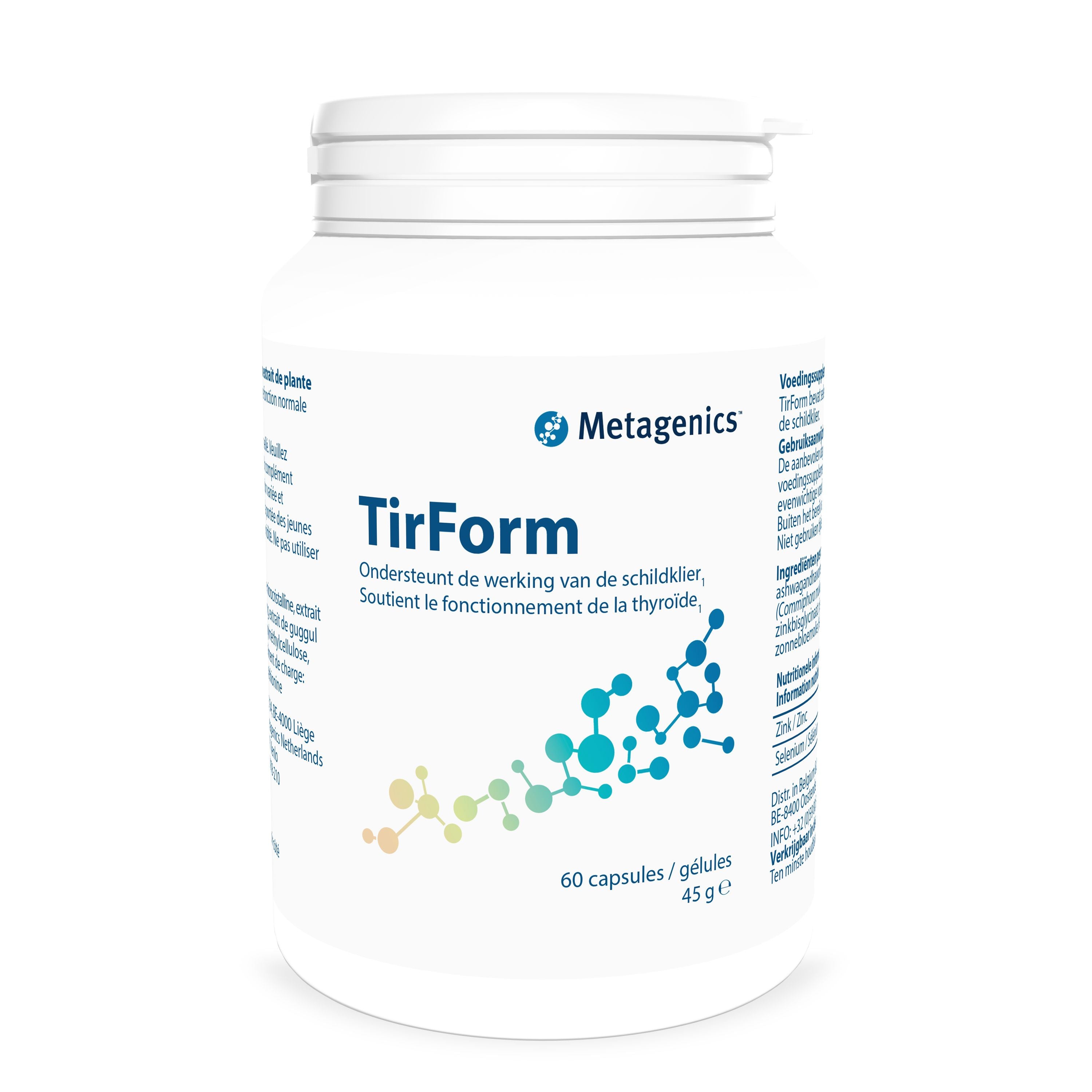 Metagenics Tirform herbal supplement capsules in a bottle, part of Kruidenpreparaten line, with 60 capsules for health support.