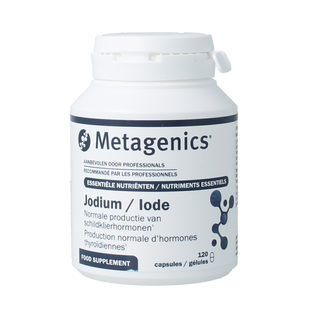 Metagenics Jodium mineral capsules, 120-count, dietary supplement for thyroid health, with clear label and capsule details.