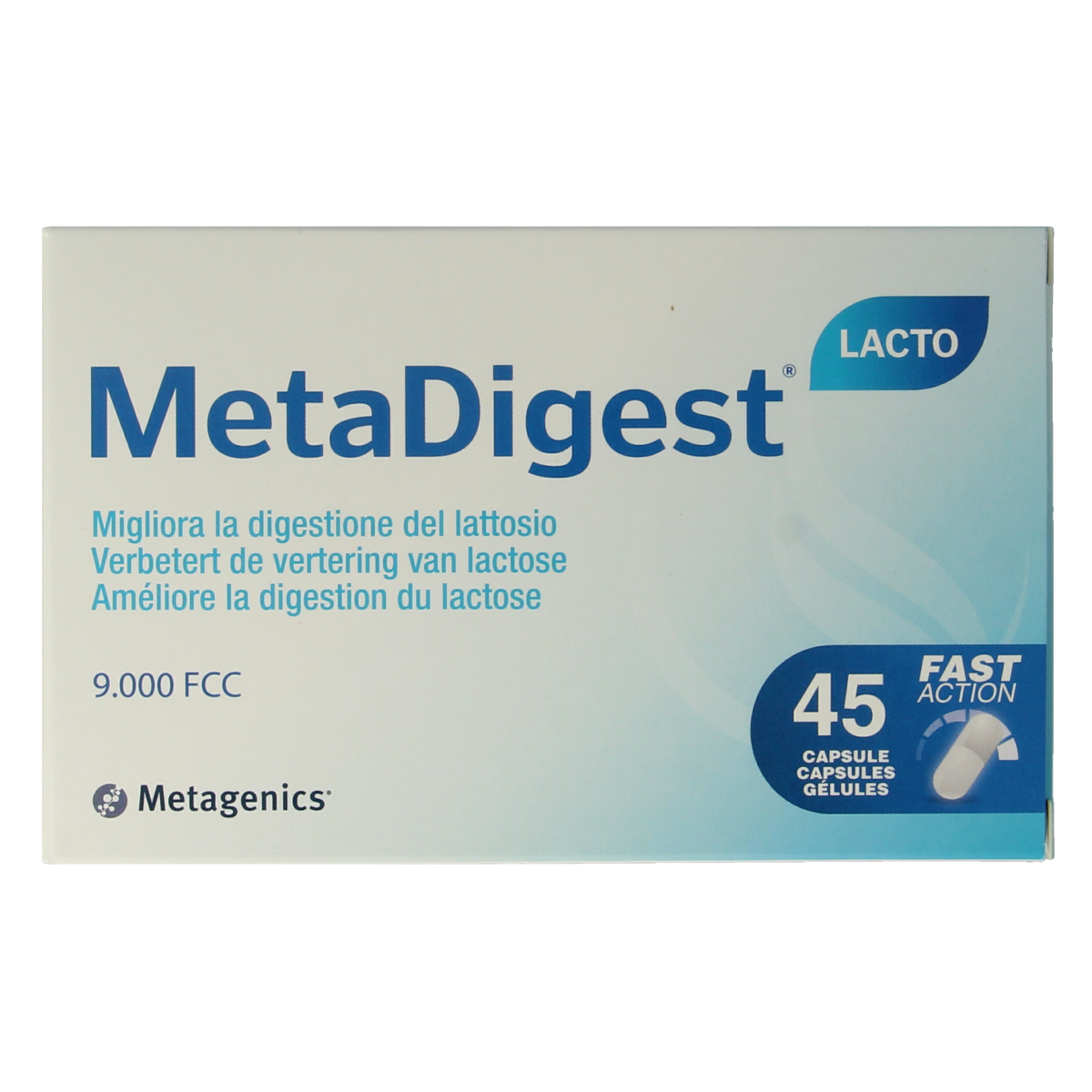 Metagenics Metadigest lacto capsules blister pack, dietary herbal supplement with 45 capsules for digestive support.