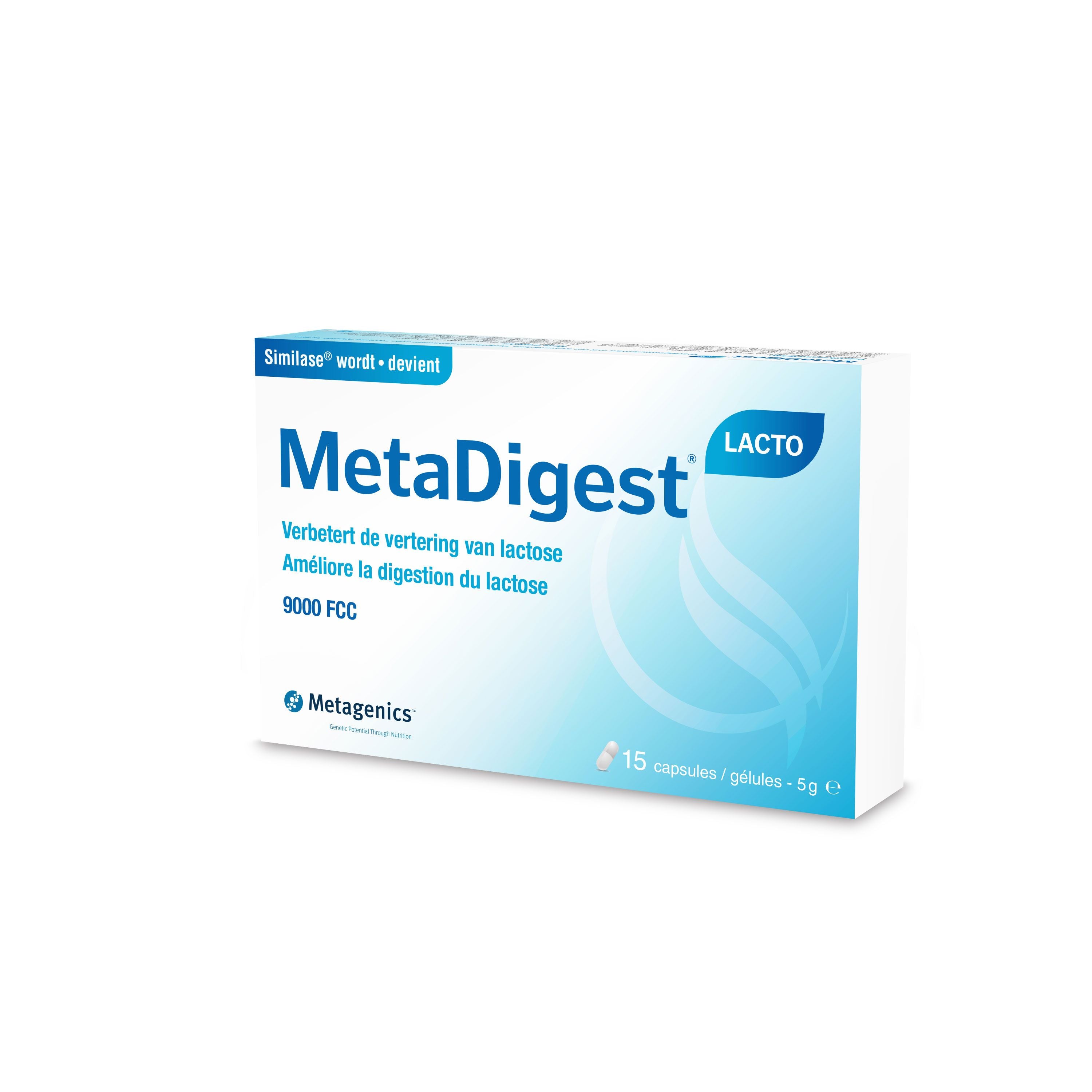 Metagenics MetaDigest Lacto capsules, probiotic and enzyme supplement with 15,000 CFU for digestive support, shown in bottle.