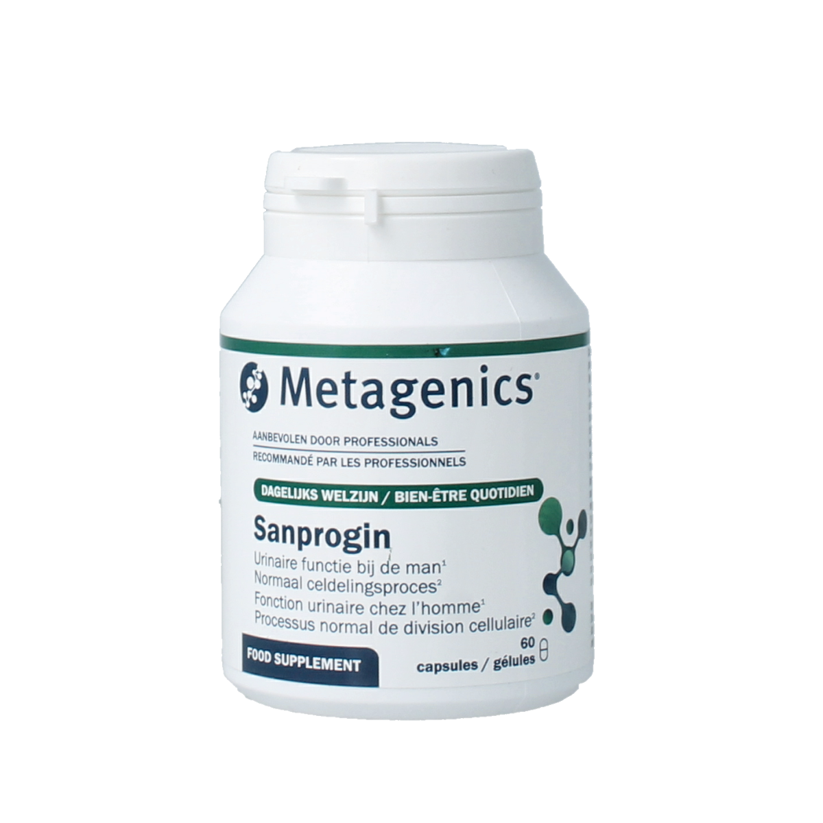 Metagenics Sanprogin V4 herbal supplement capsules, 60-count, natural herbal preparation for wellness.