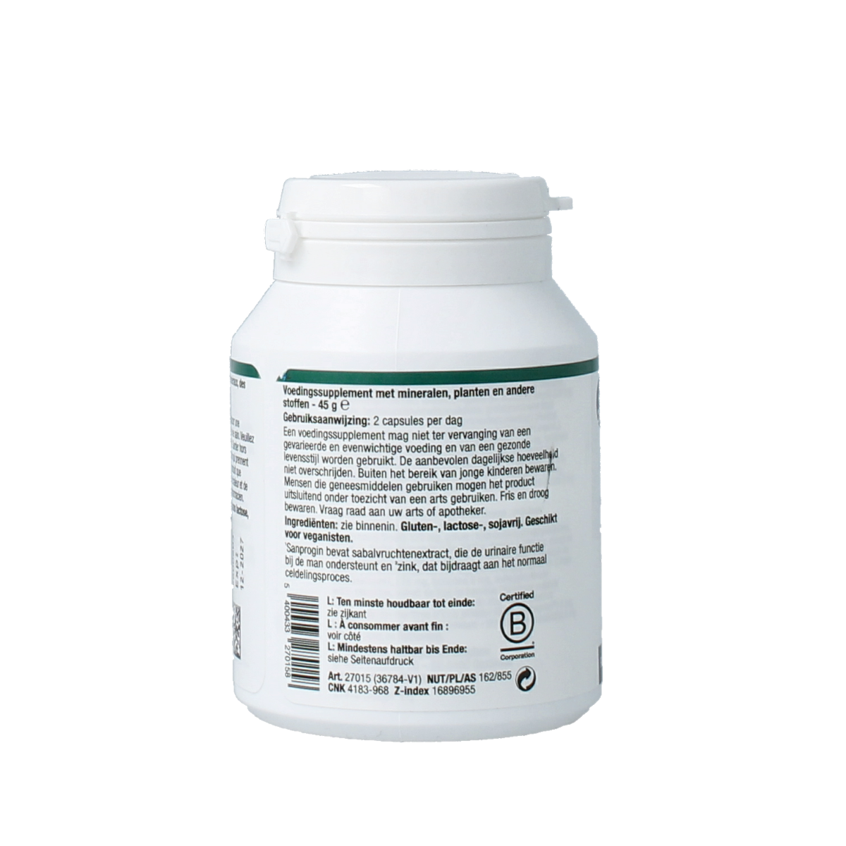 Metagenics Sanprogin V4 herbal supplement capsules, Kruidenpreparaten, shown in a bottle with capsules inside.