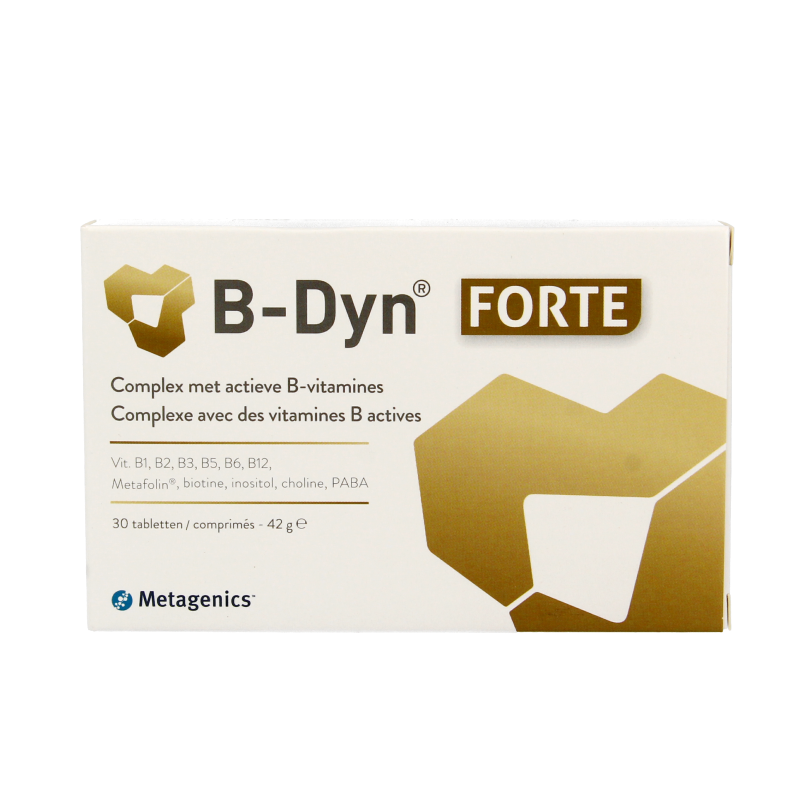 Metagenics B-Dyn Forte multivitamin tablets, supplement with B vitamins, showing a bottle with 30 tablets on the label.