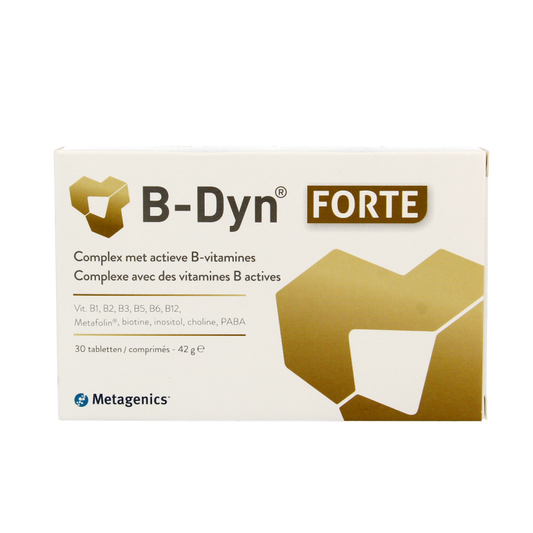 Metagenics B-Dyn Forte multivitamin tablets, supplement with B vitamins, showing a bottle with 30 tablets on the label.