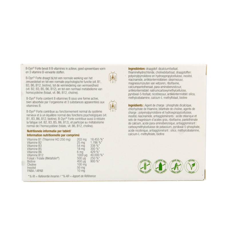 Metagenics B-Dyn Forte multivitamin tablets, showing 30 tablets in the bottle.