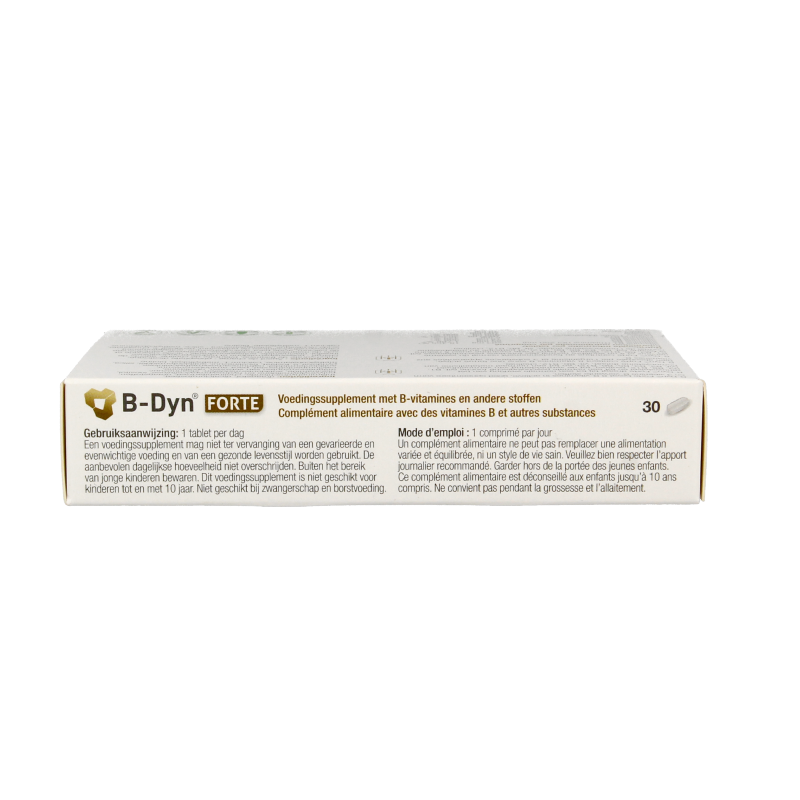 Metagenics B-Dyn Forte multivitamin tablets, dietary supplement with B vitamins, shown in a bottle with 30 tablets.