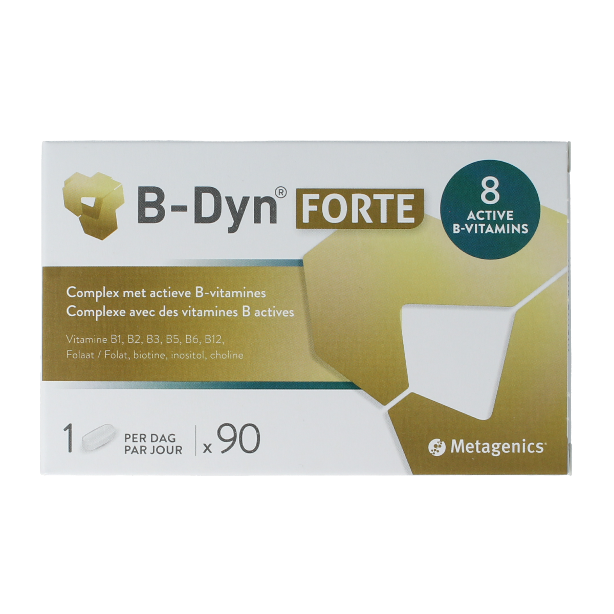 Bottle of Metagenics B-Dyn Forte multivitamin tablets with 90 count, featuring colorful tablet packaging and branding.