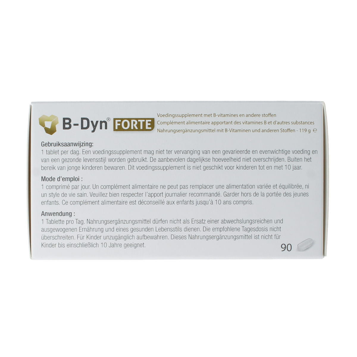 Metagenics B-Dyn Forte multivitamin tablets, dietary supplement with B-vitamins, shown in a bottle with tablets inside
