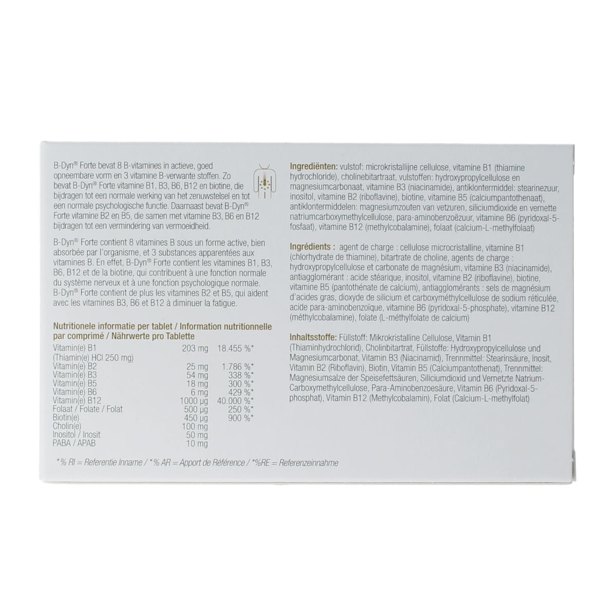 Metagenics B-Dyn Forte multivitamin tablets, dietary supplement with B-vitamins, shown in a bottle with tablets inside.