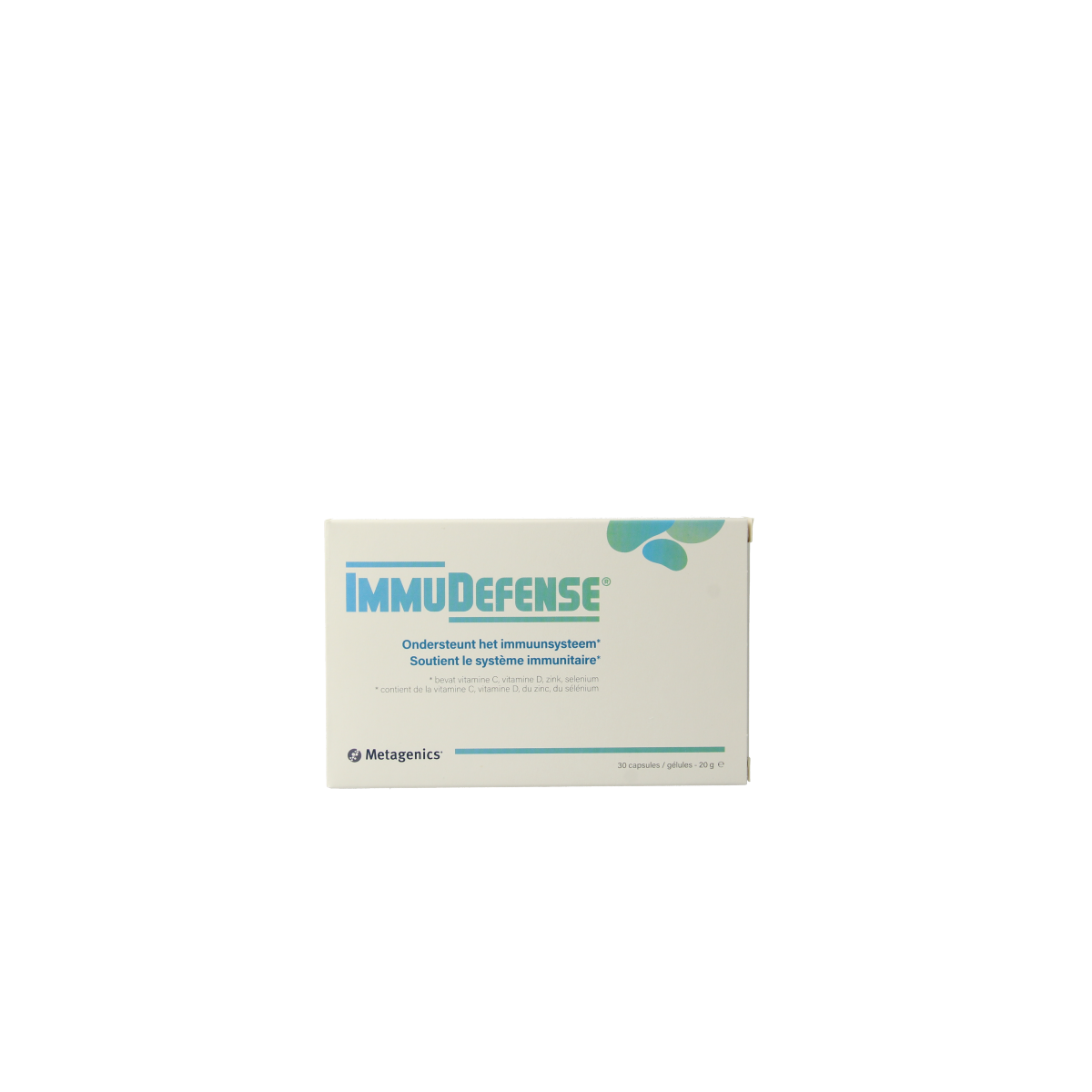 Metagenics Immudefense capsules containing micro-organisms for immune support, shown in a bottle with 30 capsules.
