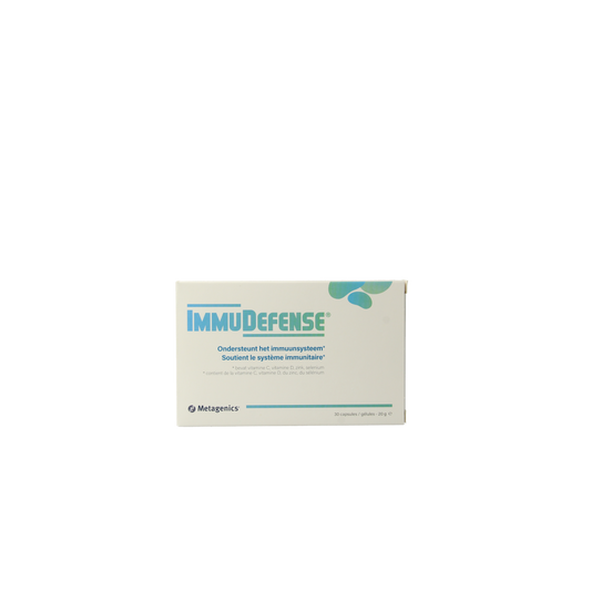 Metagenics Immudefense capsules containing micro-organisms for immune support, shown in a bottle with 30 capsules.