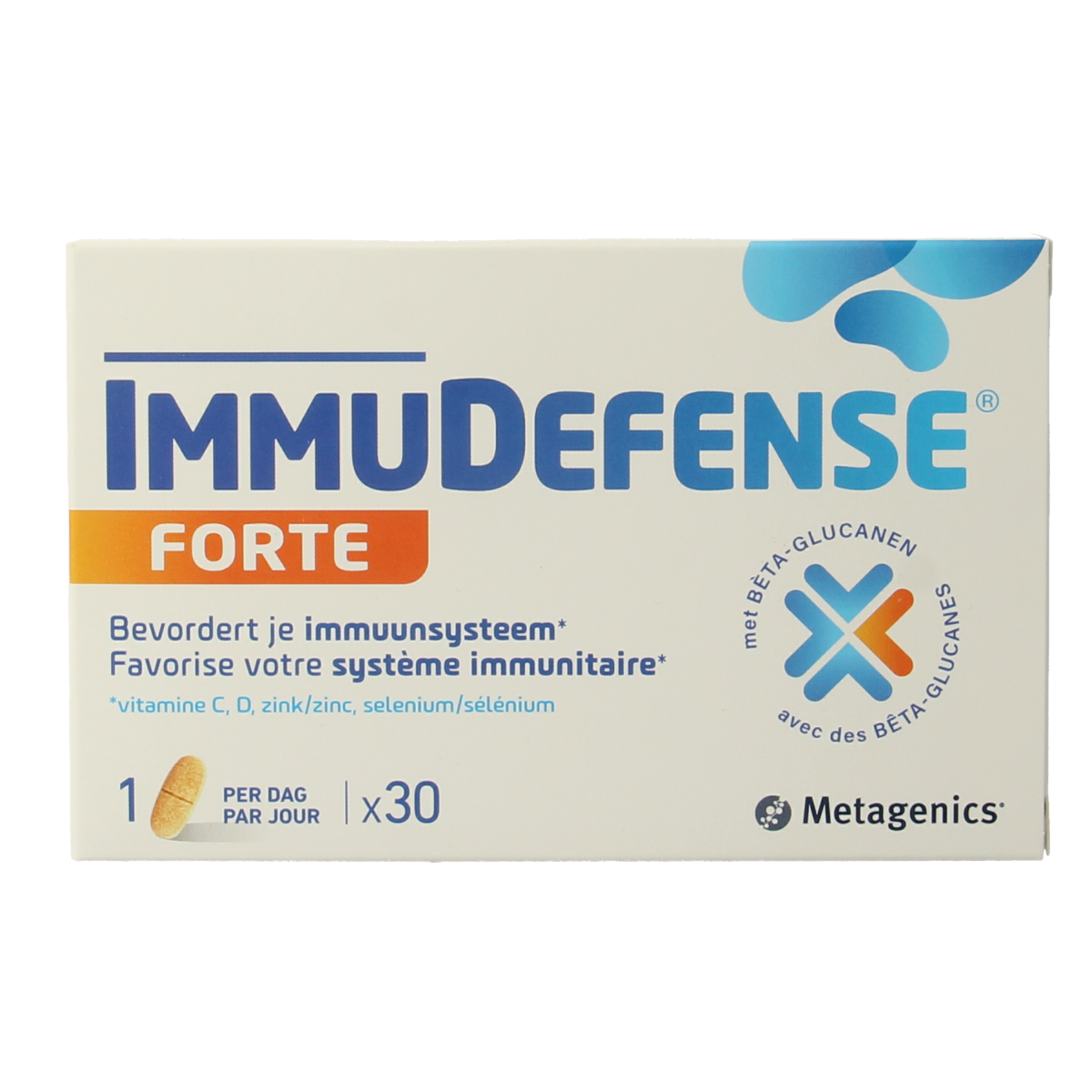 Metagenics Immudefense Forte probiotic tablets with micro-organisms in a blister pack, designed to support immune health.