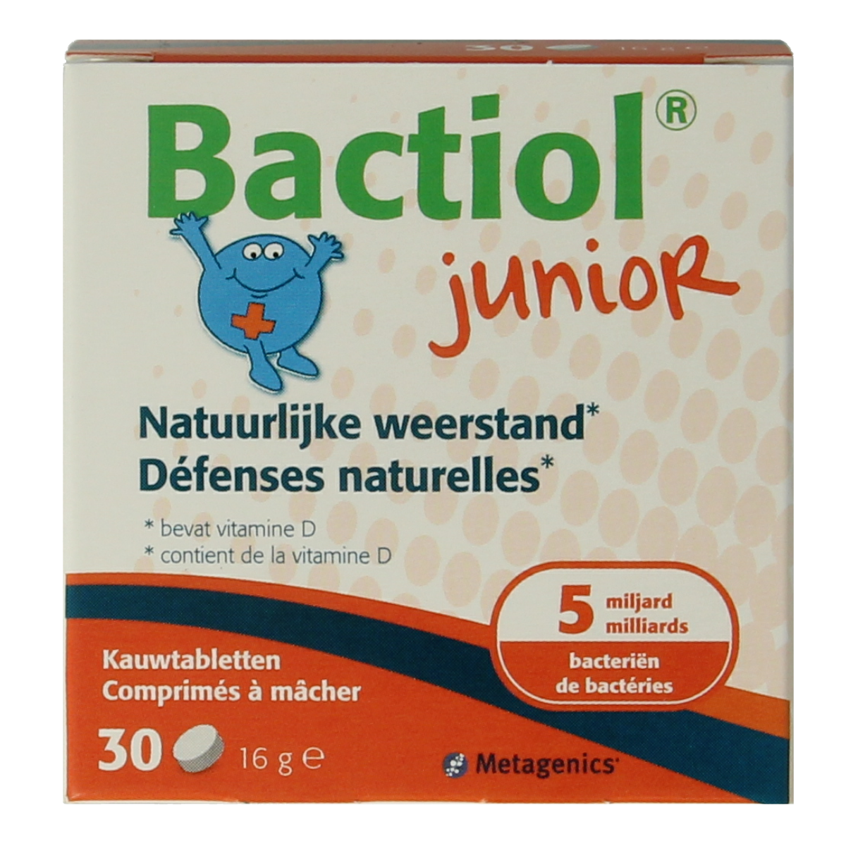 Metagenics Bactiol junior chewable tablets with beneficial micro-organisms for kids, shown in the image.