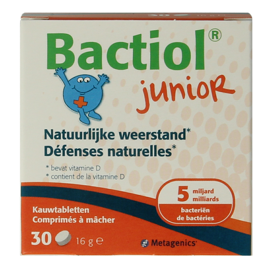 Metagenics Bactiol junior chewable tablets with beneficial micro-organisms for kids, shown in the image.