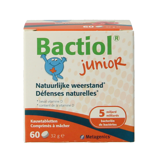 Metagenics Bactiol Junior chewable tablets, probiotic micro-organisms supplement for children, shown in a blister pack.