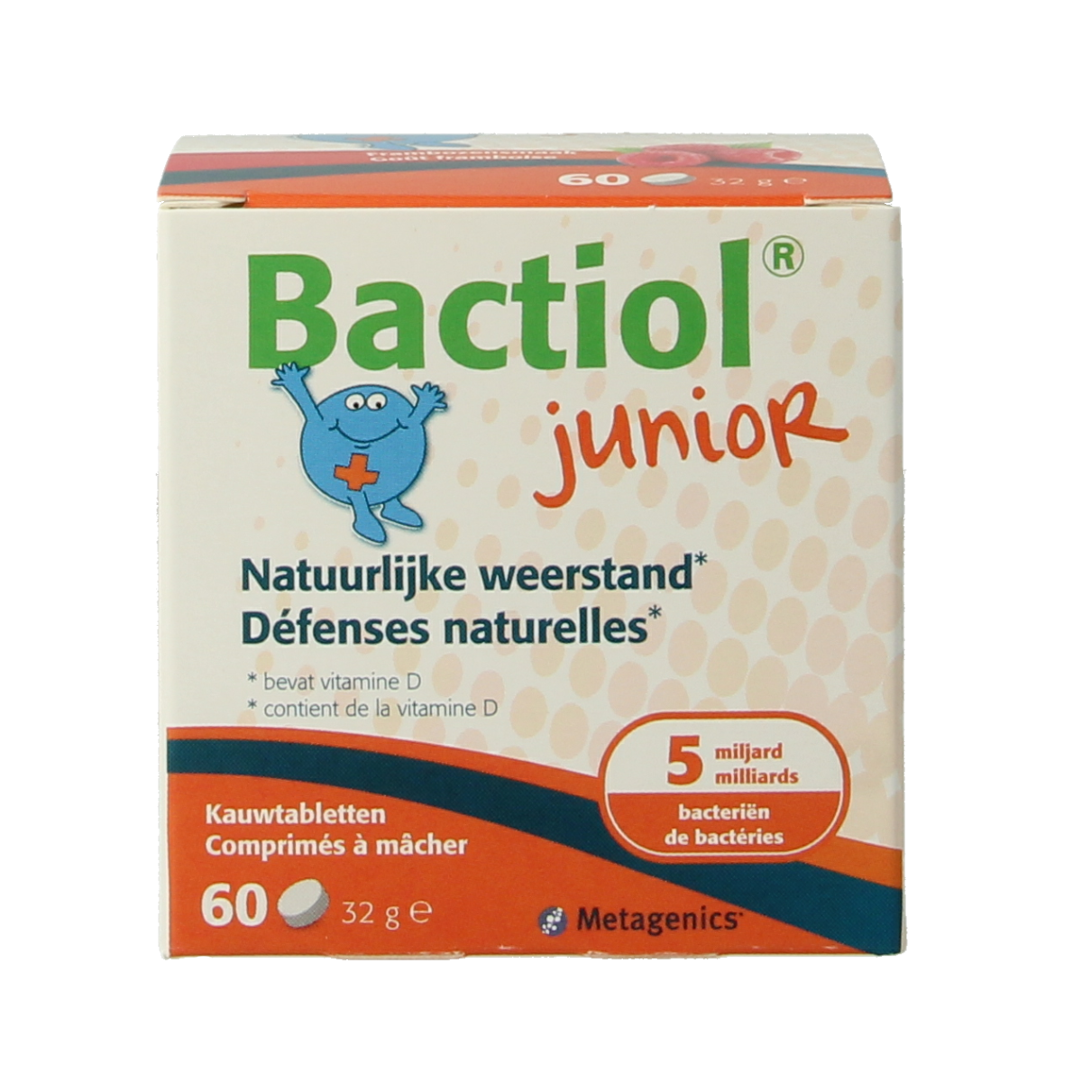 Metagenics Bactiol Junior chewable tablets with micro-organisms for kids, shown in a colorful container.