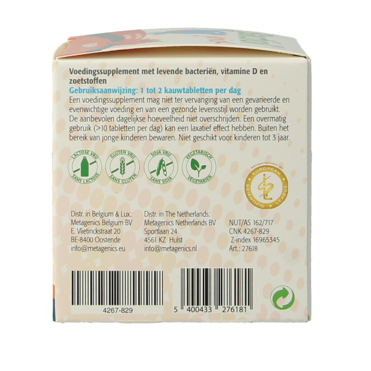 Metagenics Bactiol Junior chewable tablets with micro-organisms for kids, shown in a colorful package.