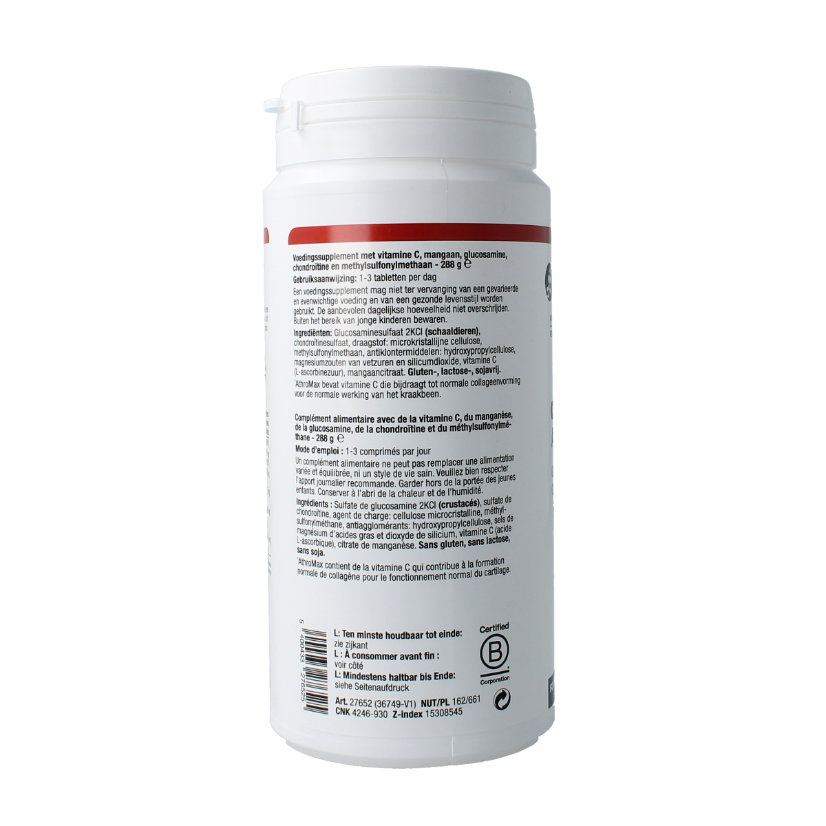 Metagenics Arthromax multivitamin tablets in a bottle, showing the supplement packaging and tablets inside.