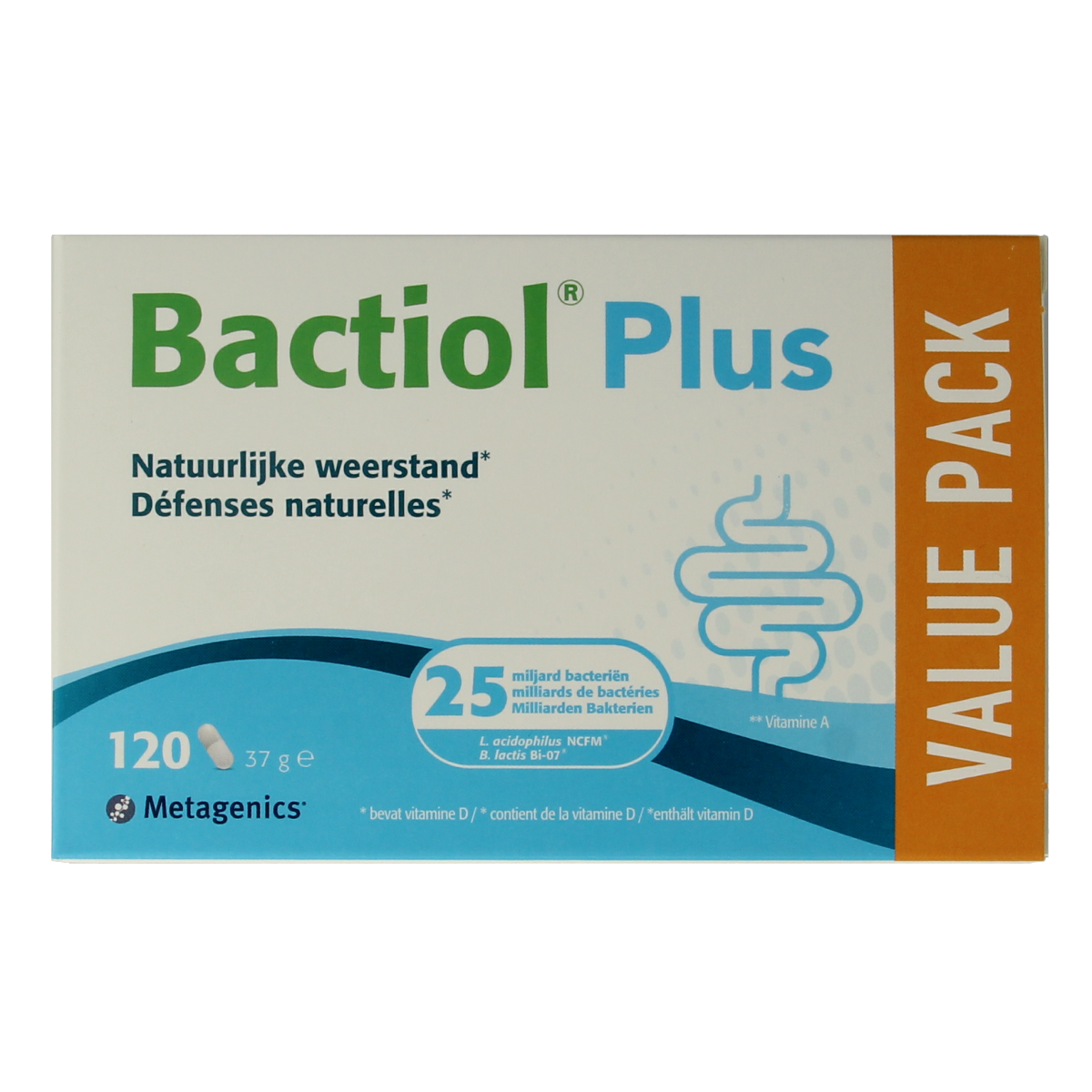 Metagenics Bactiol Plus probiotic capsules showing capsules in a blister pack, containing micro-organisms for gut health.