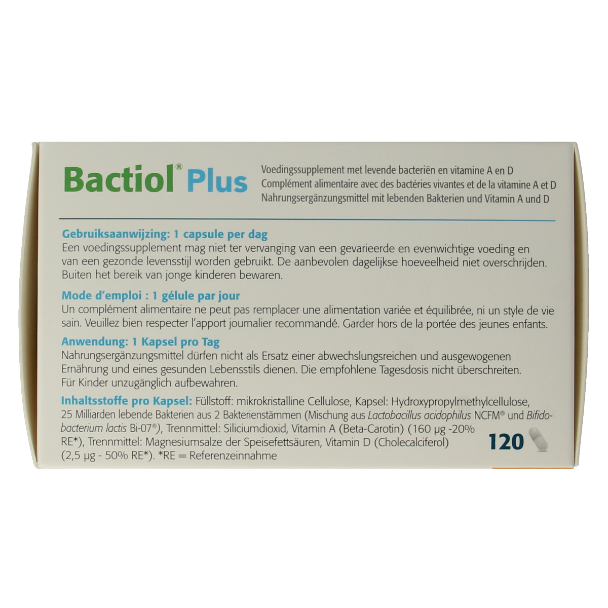 Metagenics Bactiol Plus probiotic capsules with micro-organisms, 120-count, dietary supplement for gut health.
