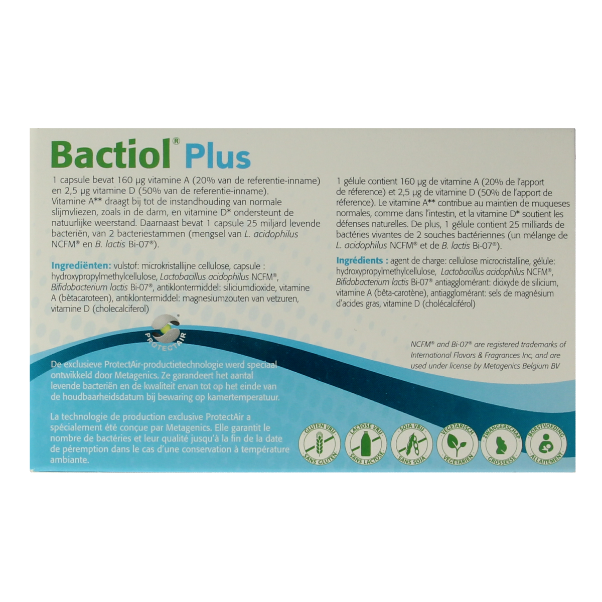 Metagenics Bactiol Plus probiotic capsules containing micro-organisms, displayed in a bottle with 120 capsules.